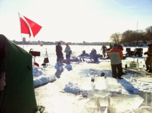 Ice divers and their crew on Lake Mendota in Madison, Wisconsin. (Photo by Aubrey Ralph)
