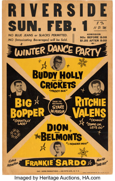 A Winter Dance Party concert at the Riverside Ballroom in Green Bay, Wisconsin on February 1, 1959. This poster sold at an auction on November 19, 2023. (Courtesy of Heritage Auctions)