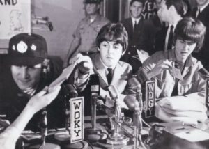 The Beatles at a Milwaukee press conference in advance of their concert that evening. Pictured: John Lennon, Paul McCartney, and George Harrison. (Courtesy of Wisconsin Historical Society)