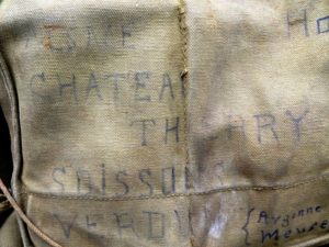 Vincent Hood's gas mask bag marks travels and battles in Château-Thierry, Soissons, and Verdun, France.