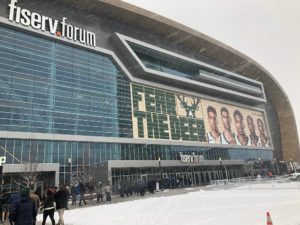 Fans enter the Fiserv Forum on Sunday, April 14, 2019 before Game 1 of the NBA playoffs. The Milwaukee Bucks Beat the Detroit Pistons 121-86. (Photo by Colleen O'Brien)