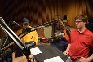 Simon Terrill Collins and Matthew Schlaefer interview each other at WPR's studios. (Maureen McCollum/WPR)