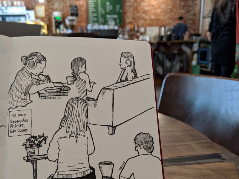 Customers in an Eau Claire coffee shop are the unsuspecting subjects in one of Nishant Jain’s sketches. As he draws, Jain said he looks for different ways to connect objects with each other, like stacking them. (Courtesy of Nishant Jain)