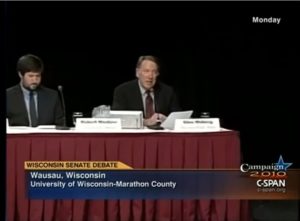 Rob Menzter and Glen Moberg participate in the 2010 Senate debate in Wausau, Wisconsin. The debate aired on C-SPAN.