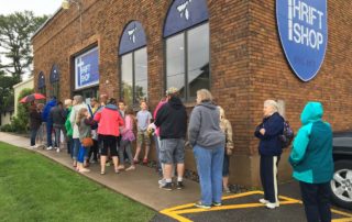 Shoppers line up outside St. Matthias' Thrift Shop in Minocqua, Wisconsin. (Photo by Jane Hampden)