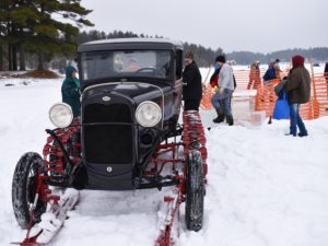 Collector Steve King lent his 1931 Ford Model A pickup to help transport ice from Nepco Lake. “They didn’t have four-wheel drive,” King said, “so they came out with these tracks” to give the vehicle traction in ice and snow. (Rob Mentzer/WPR)