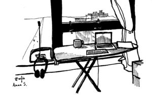 Nishant Jain's drawing of someone using an ironing board in lieu of a desk while working from home. (Courtesy of Nishant Jain)