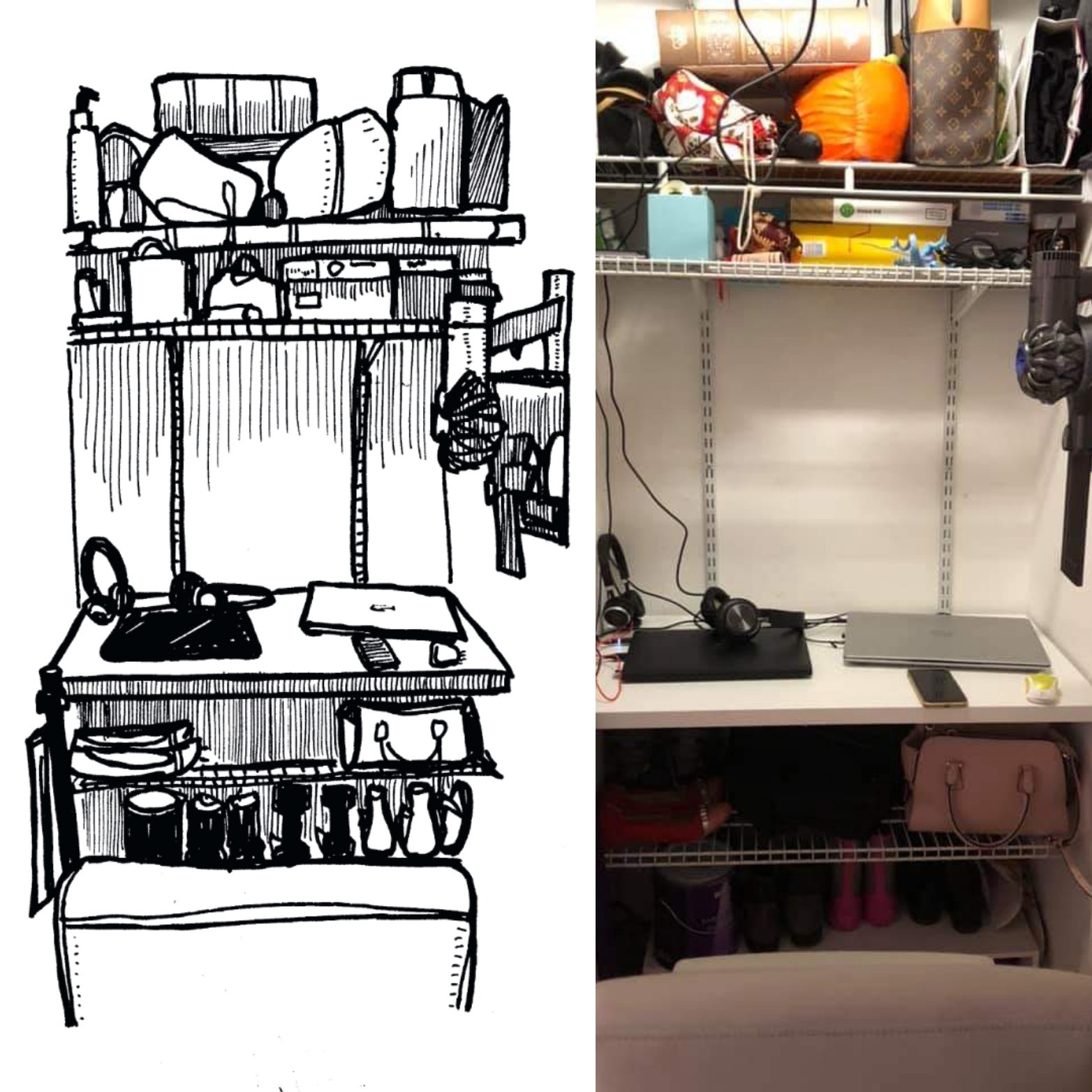Nishant Jain's drawing of a home office set up in a closet. "It was the only way the person could keep work away from their kid and cats." (Courtesy of Nishant Jain)