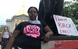 Ebony Anderson-Carter has been at the Madison protest since Sunday, May 31, 2020. She said she got involved after trying to deescalate an encounter between young protesters and law enforcement. (Maureen McCollum/WPR)