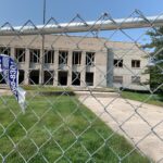 The view of the Armory taken from the Sheboygan Yacht Club as the early stages of demolition continue on Aug. 26, 2020. (Megan Hart/WPR)
