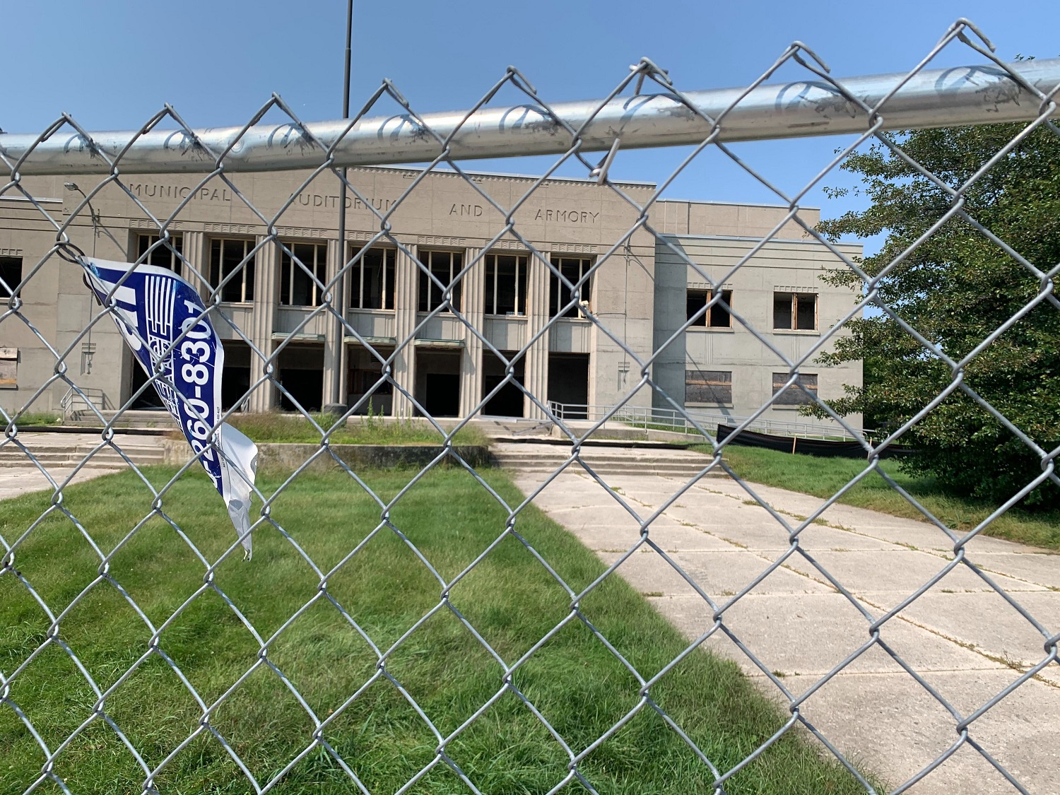 The view of the Armory taken from the Sheboygan Yacht Club as the early stages of demolition continue on Aug. 26, 2020. (Megan Hart/WPR)