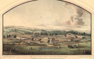 This lithograph of Camp Randall was taken from Bascom Hill looking southwest, circa 1864. According to the Wisconsin Historical Society, the railroad track seen in the image's foreground runs along where University Avenue exists currently. (Courtesy of the Wisconsin Historical Society)