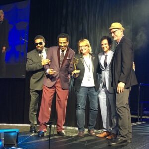 (l-r) William Bell, Bobby Rush, Cheryl Pawelski, Jeff DeLia, and Cary Baker at the Blues Music Awards. (Photo by Pat Rainer)