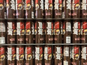 A stack of Jolly Good’s root beer in the Krier Foods warehouse in Random Lake, Wis. (Rachael Vasquez/WPR)