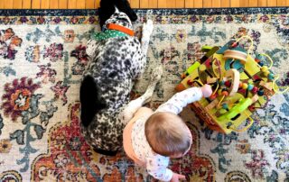Magnolia Grube plays with toys while her dog, Goldy, keeps her company at home in Janesville, Wis. in March 2021. (Andrea Anderson/WPR)