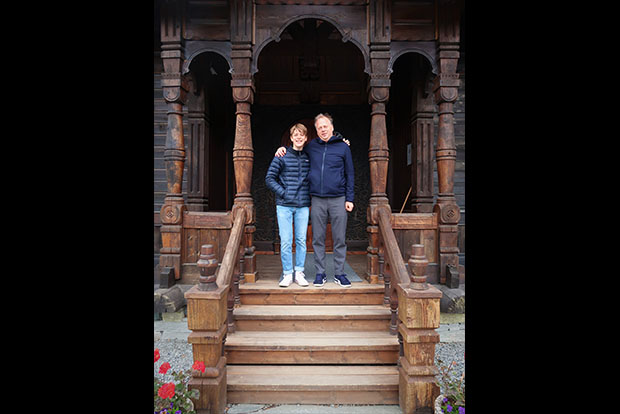 Eric Dregni and his son Eilif at Little Norway's stave church in Orkanger, Norway (photo courtesy Eric Dregni)