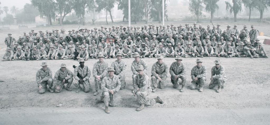 Lima Company, 3rd Battalion, 6th Marine Regiment, on August 2, 2007 in Camp Habbaniyah, Iraq. "It was the day after we came out of the field after handing over control to our replacements from 1st Battalion, 1st Marine Regiment," said Ryan Erisman. "I was also promoted to Major that morning." (Courtesy of Ryan Erisman)