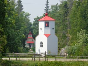 Historic Baileys Harbor Upper (Rear) and Lower (Front) Range Lights in Door County.(Photo by Ed Miller)