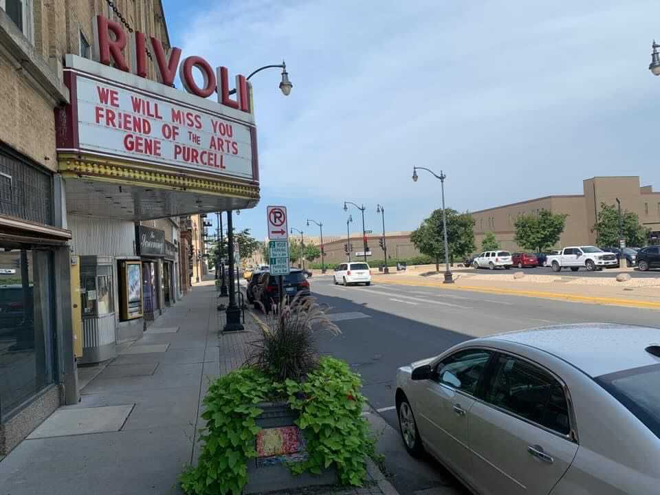 The marquee at La Crosse's Rivoli Theatre in August 2021 pays tribute to longtime resident, Gene Purcell. (Photo by Adrian Stumpf)