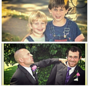 (Top) A young Erik (l) and Daniel (r) Johnson in 1992. The bottom photo was taken 18 years later at Daniel’s wedding, (Courtesy of Holly Higgins)