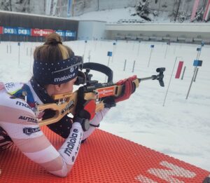 Deedra Irwin shoots at targets with her biathlon rifle. (Courtesy of Deedra Irwin)