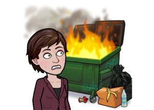 A. Emily Ralph's Bitmoji in front of a dumpster fire. (Courtesy of A. Emily Ralph)