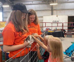 Dane County Fair volunteers Sam (left) and Verona Hodkiewicz hold rabbits for visitors like, 7-year-old Lillian Riekena, to pet. (Photo by Christina Lieffring)