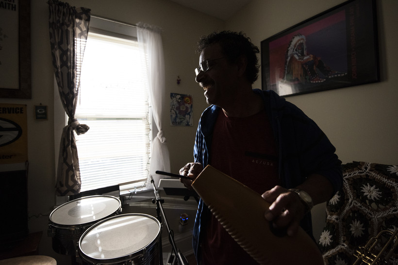 Marcos Calderón plays music with his friends and fellow Mariel refugees in La Crosse, Wisconsin, in April 2021. (Angela Major/WPR)
