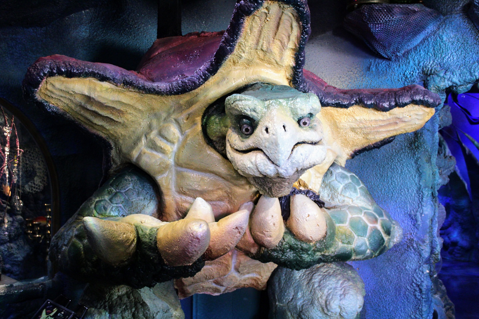 Swindly is a 9-foot-tall turtle with a starfish-shaped shell who resides in Wizard Quest’s water realm as the pawn shop merchant. He was constructed by siblings Cassie Ricks and Braden Ricks. (Trina La Susa/WPR)