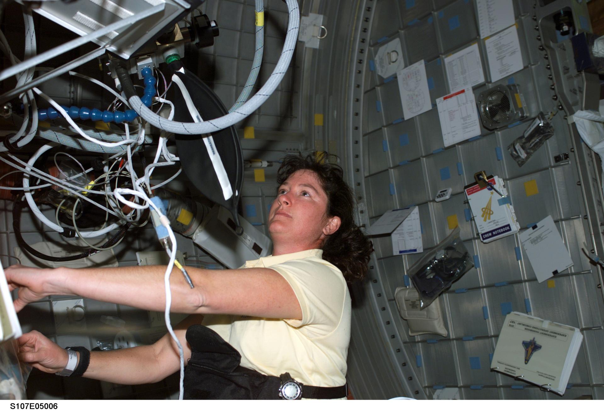 Astronaut Laurel B. Clark, STS-107 mission specialist, works in the SPACEHAB Research Double Module in the cargo bay of the Earth-orbiting Space Shuttle Columbia. (Photo courtesy of NASA)