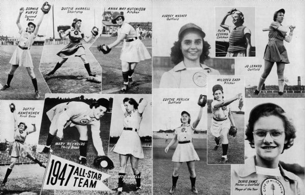 Collage of photographs of members of the All-American Girls Professional Baseball League, as seen in the Racine Belles annual yearbook of 1948. Clockwise from top left: Sophie Kurys of the Racine Belles, Dottie Harrell of the Rockford Peaches,Anna May Hutchinson of the Racine Belles, Audrey Wagner of the Kenosha Comets, Ruth Lessing of the Grand Rapids Chicks,Jo Lenard of the Muskegon Lassies,Doris Sams of the Muskegon Lassies, Mildred Earp of the Grand Rapids Chicks,Edythe Perlick of the Racine Belles,Dottie Mueller of the Peoria Redwings, Mary Reynolds of the Peoria Redwings,and Dottie Kamenshek of the Rockford Peaches. Player of the year Doris Sams (lower right corner) played for the City of Muskegon. (Photo courtesy Wisconsin Historical Society)