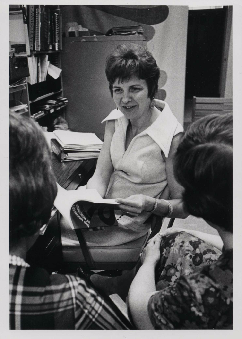 Marjorie Engelman talks with peers at the University of Wisconsin- Green Bay. (Courtesy of UW-Green Bay Archives)