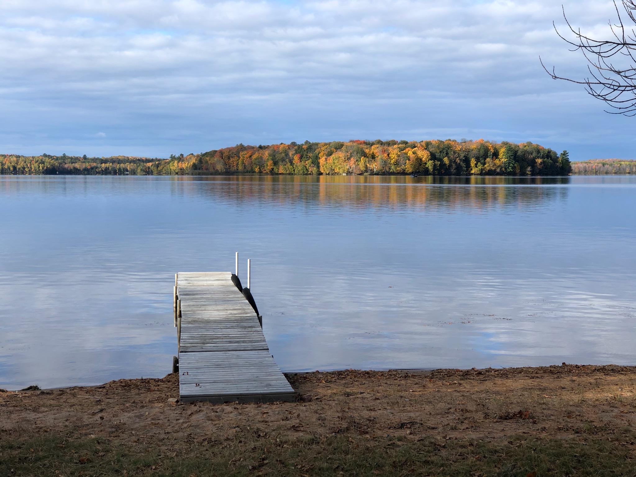 The view of Lake Namakagon and the dock from Ron Weber's cabin near Cable, Wisconsin. (Photo by Ron Weber)