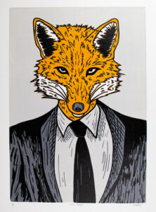 Artist print of a fox in a suit.