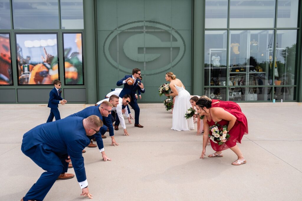 The love of the Packers runs so deep for Molly Schroeder Linzmeier and Jason Linzmeier that they took photos outside of Lambeau Field on their wedding day in 2023. (Courtesy of Molly Schroeder-Linzmeier)