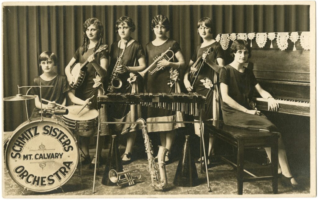 Six members of the Schmitz Sisters Orchestra of Mt. Calvary, Wisconsin, pose with their instruments. The group later changed their name to the Smith Sisters Orchestra. (Courtesy of University of Wisconsin's Mills Music Library)
