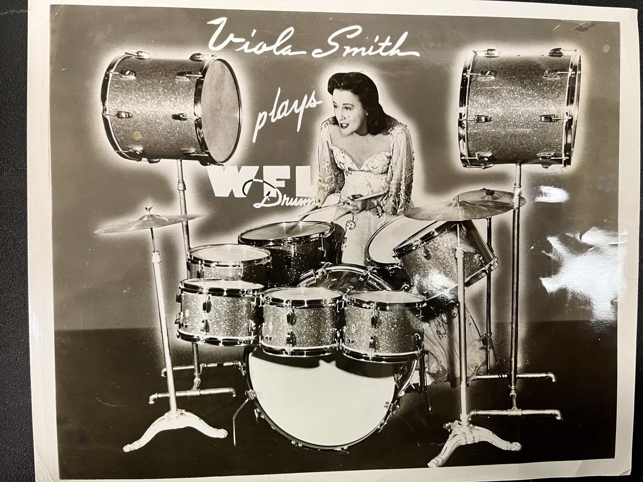 Viola Smith featured in a WFL Drums advertisement that shows off her unique drum kit. (Courtesy of Malone Area Heritage Museum)