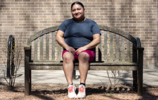 Yazmin Lopez on the UW-Madison campus just before recording her "Wisconsin Life" and Midwest Mujeres story on April 13, 2023. (Angela Major/WPR)