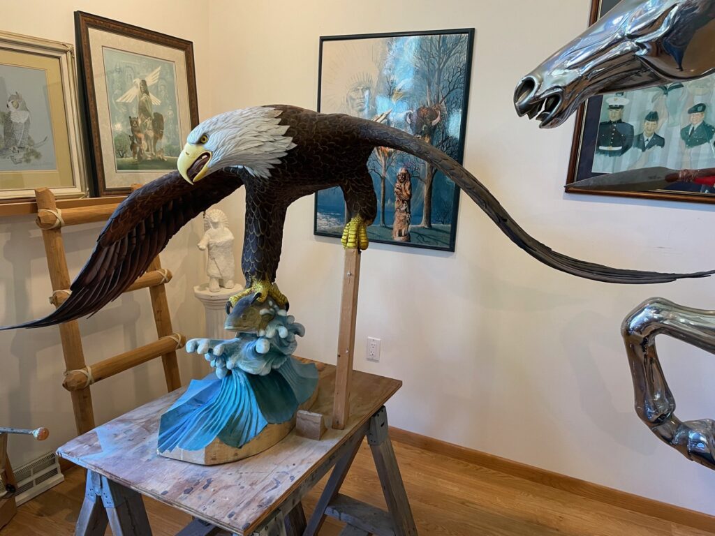 "Fishing Eagle" by Harry Whitehorse was carved from basswood and finished with oil paints. (Maureen McCollum/WPR)