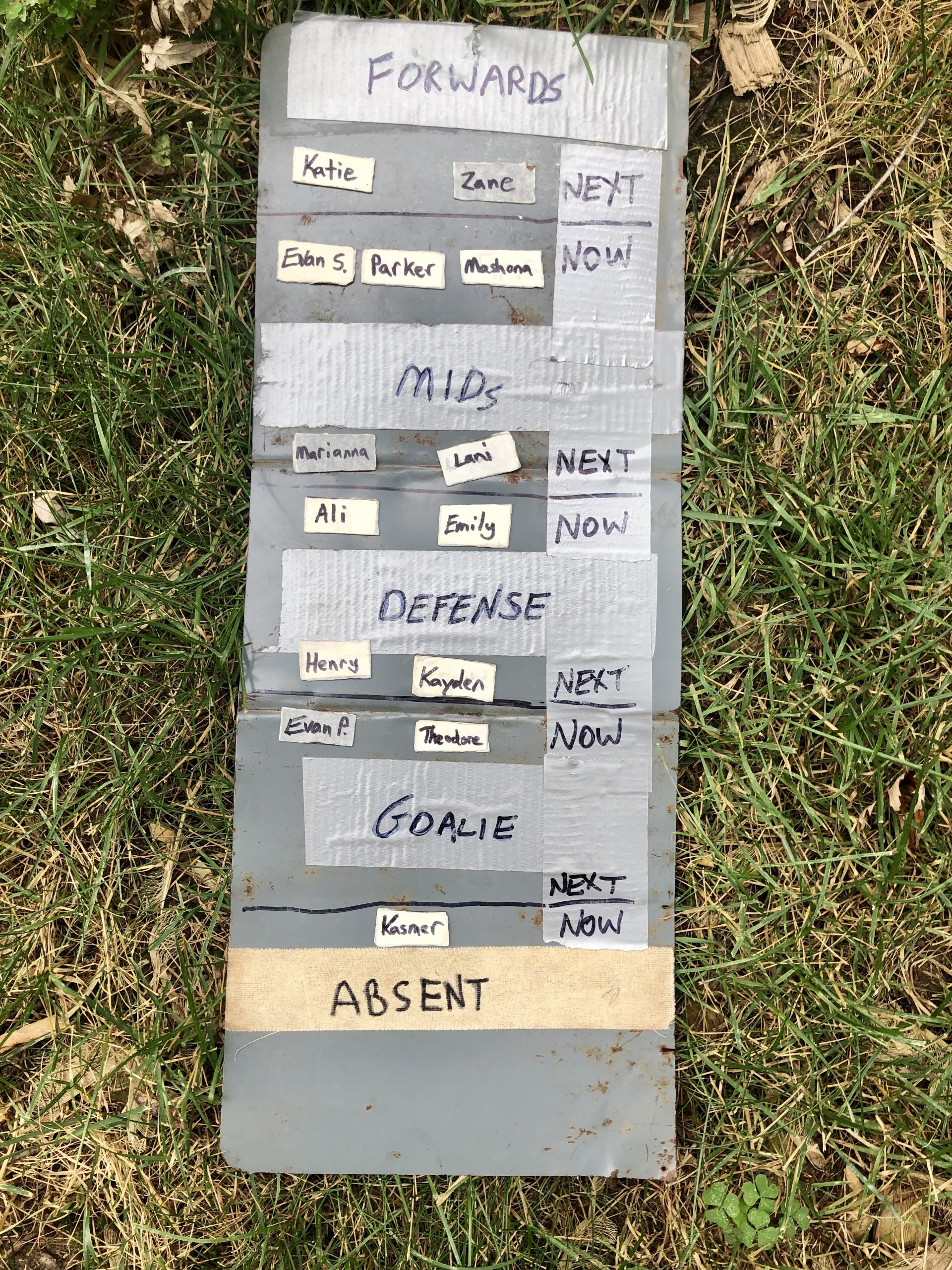 Coach Ken Szymanski's roster board for his soccer team, a homemade contraption that he said, "Gets a lot of attention, and it fits the makeshift vibe of the team." <i>Photo courtesy of Ken Szymanski</i>