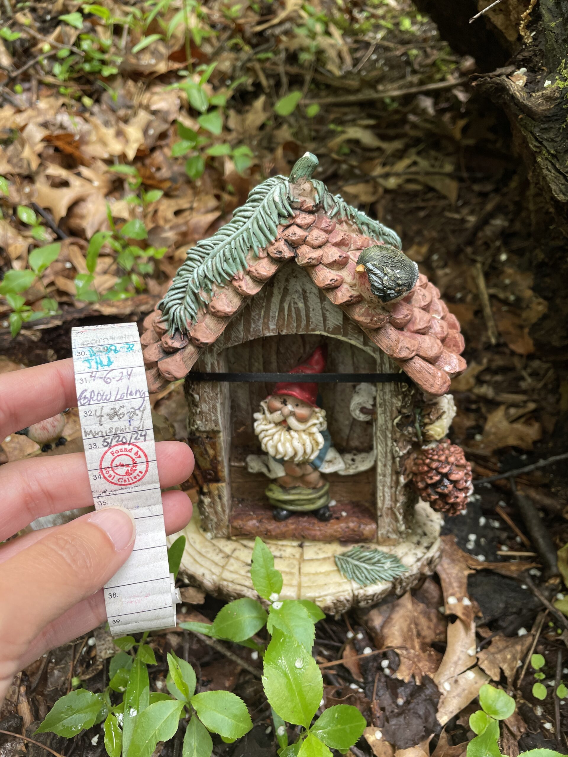 Yia Lor came across this gnome statue the first time she went geocaching alone. The stamp she added to the logbook includes her sister's, Jer Lor's, signature. Photo by Yia Lor